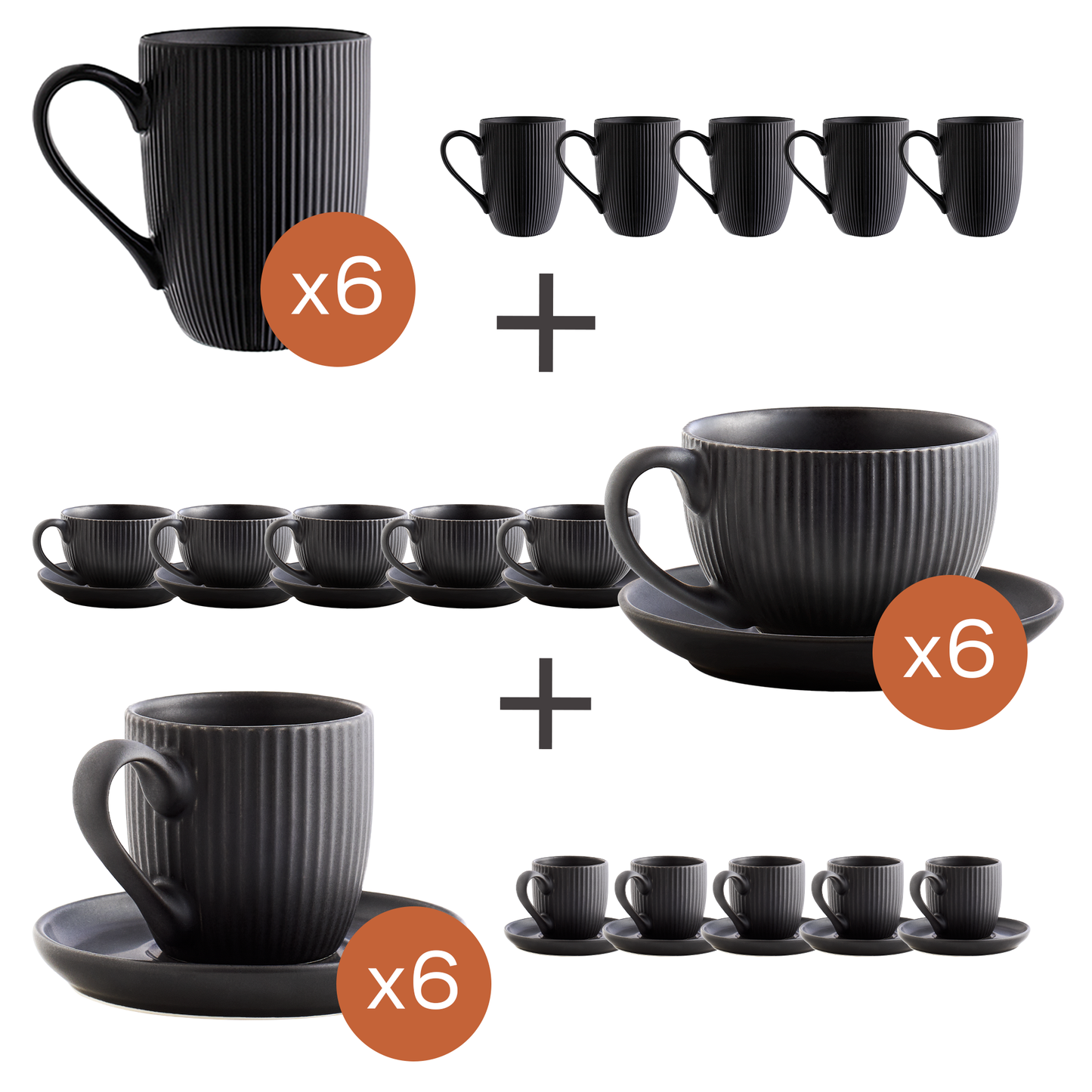 Kaffeeservice Pure Matte Schwarz – 18 Tassen mit Streifenstruktur