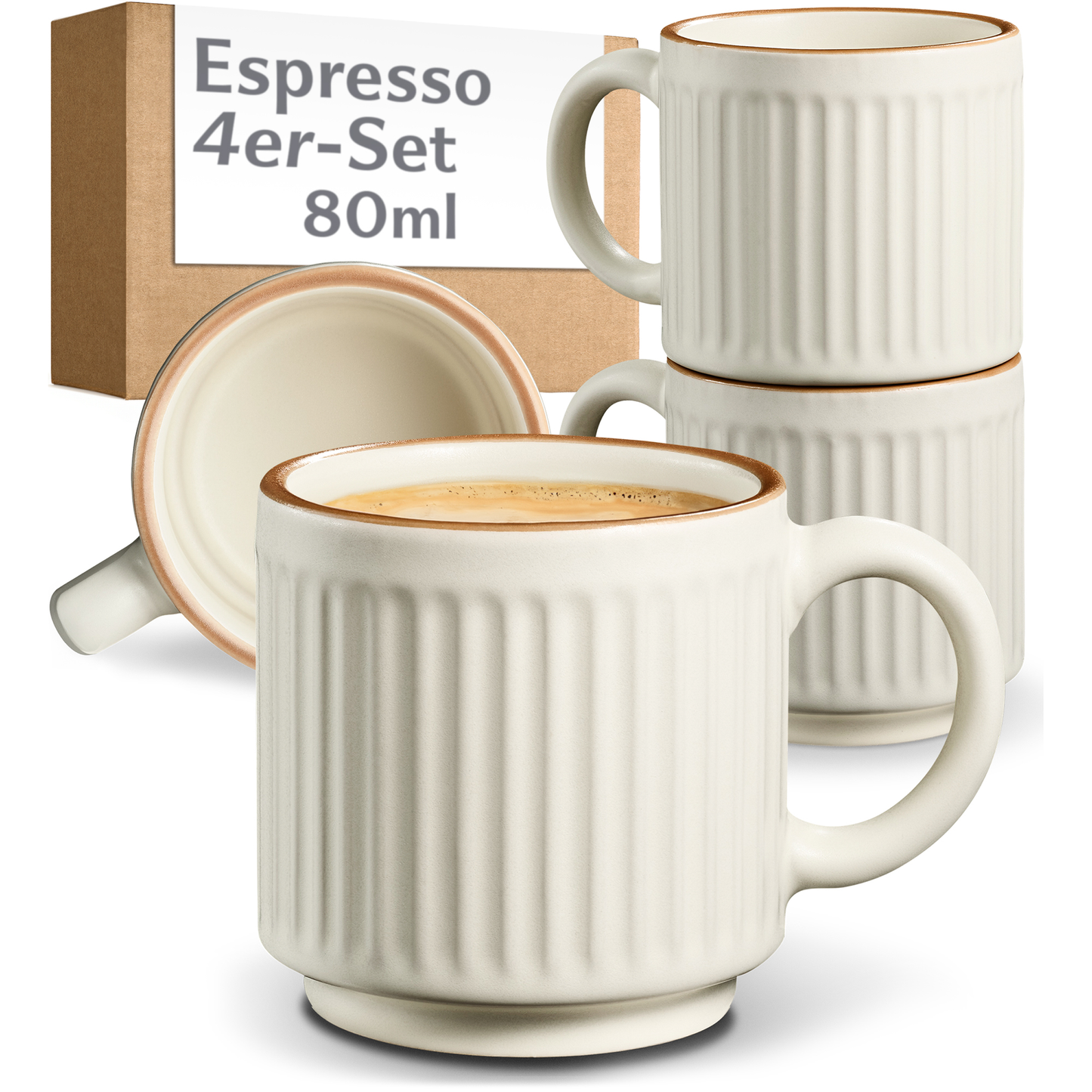 Kaffeetassen Set Rythm Vertikal Beige Espresso 80 ml mit Henkel – Hauptbild – Cosumy