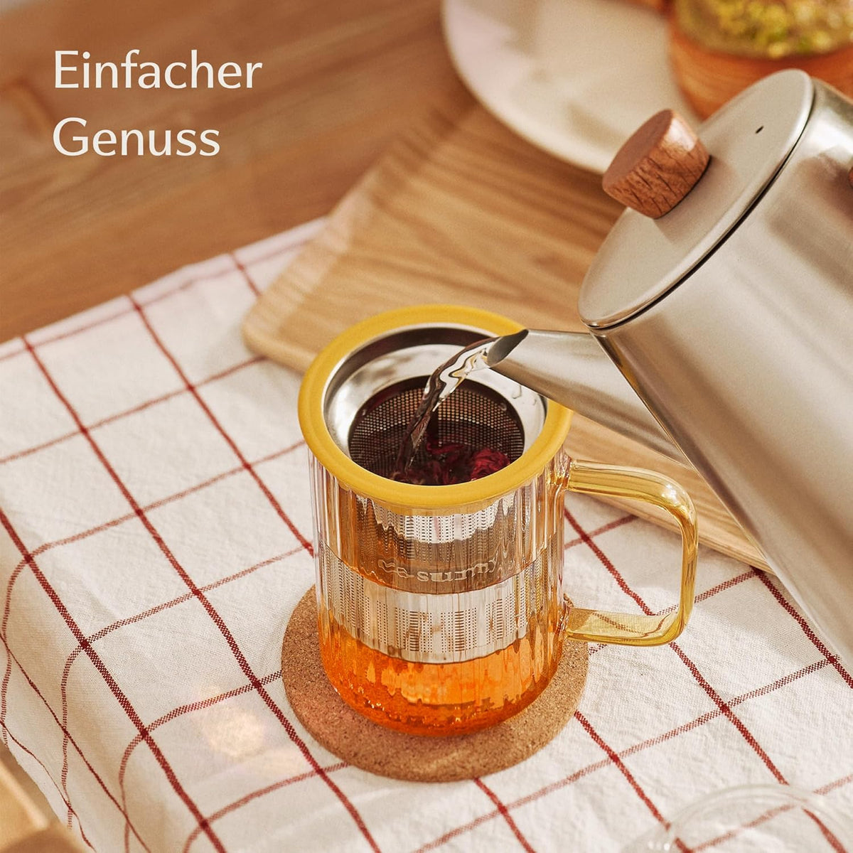 Cosumy Teeglas mit Sieb & Deckel – 450 ml mit Silikongriff & Untersetzer