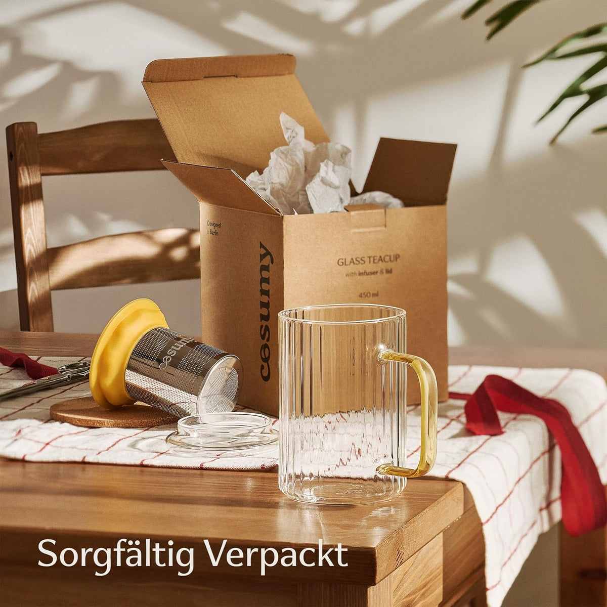 Cosumy Teeglas mit Sieb & Deckel – 450 ml mit Silikongriff & Untersetzer