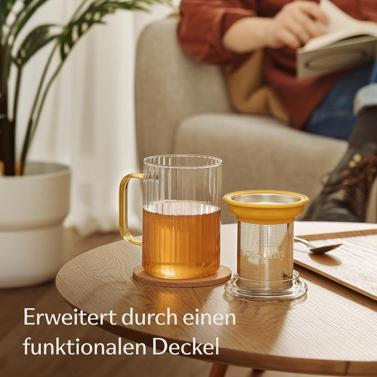 Cosumy Teeglas mit Sieb & Deckel – 450 ml mit Silikongriff & Untersetzer