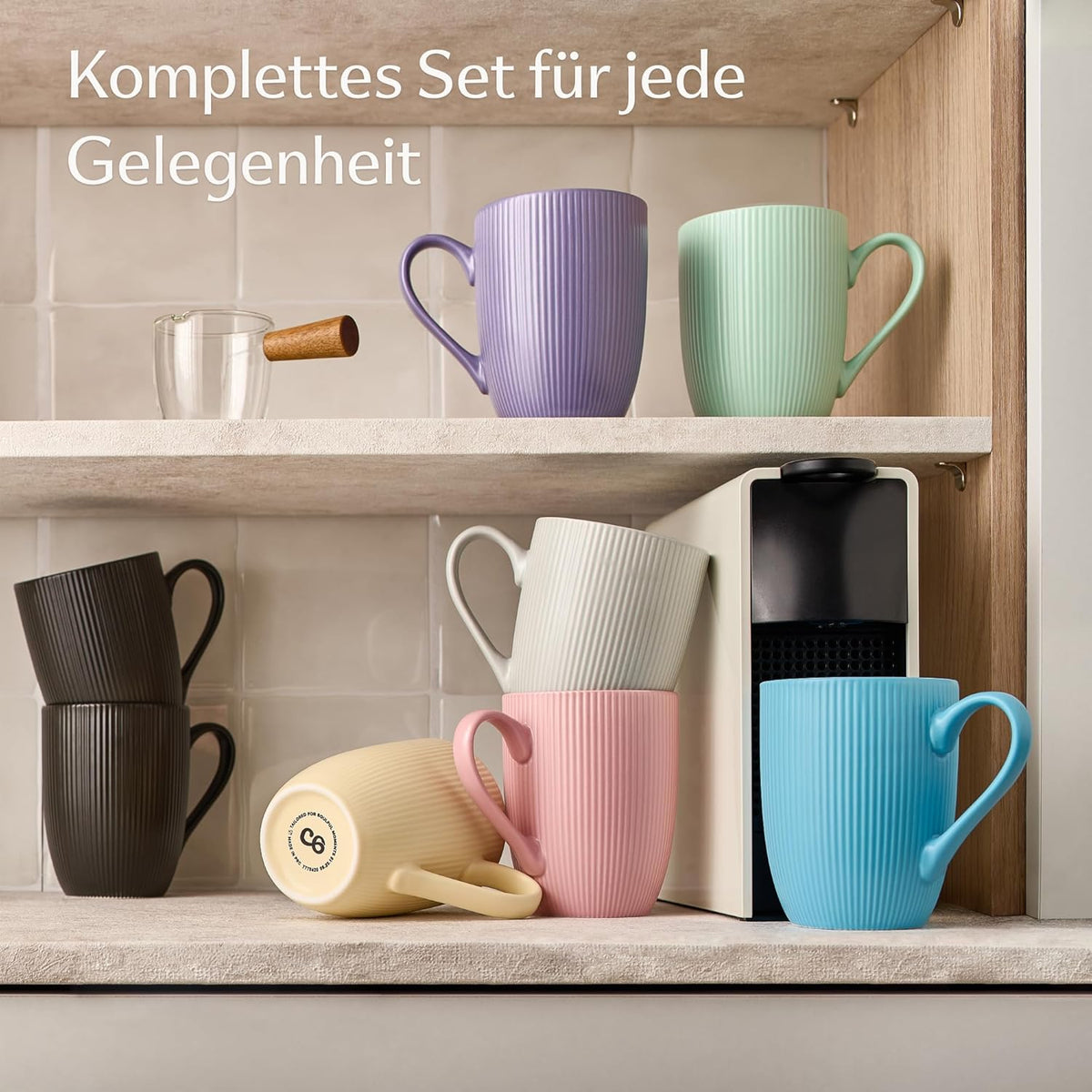 Cosumy Kaffeetassen Set Schwarz – 6 Stück, 350ml, matt & strukturiert