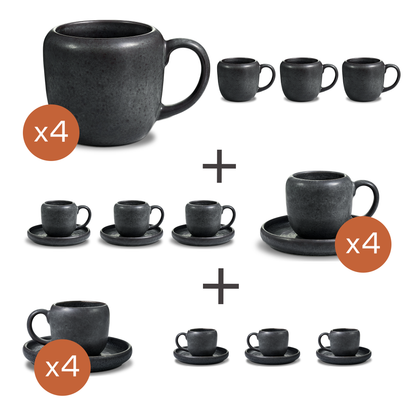 Kaffeeservice Lune Schwarz – 12 Tassen handglasiertes Steingut